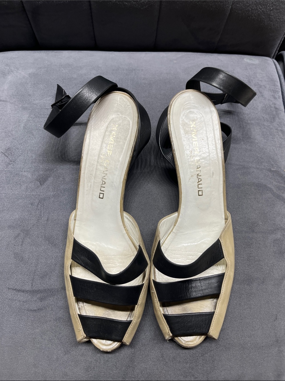 Xavier Danaud Vintage Black and Beige Strappy Ankle-Wrap Heeled Sandals